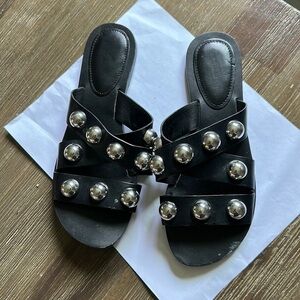 Marc Fisher womens black padded heel studded strappy bryte sound toe sandals 6